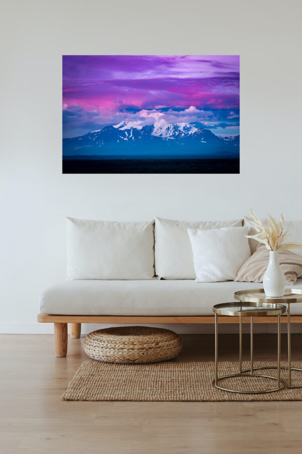 A frame of mount drum at sunset on the wall of a living room