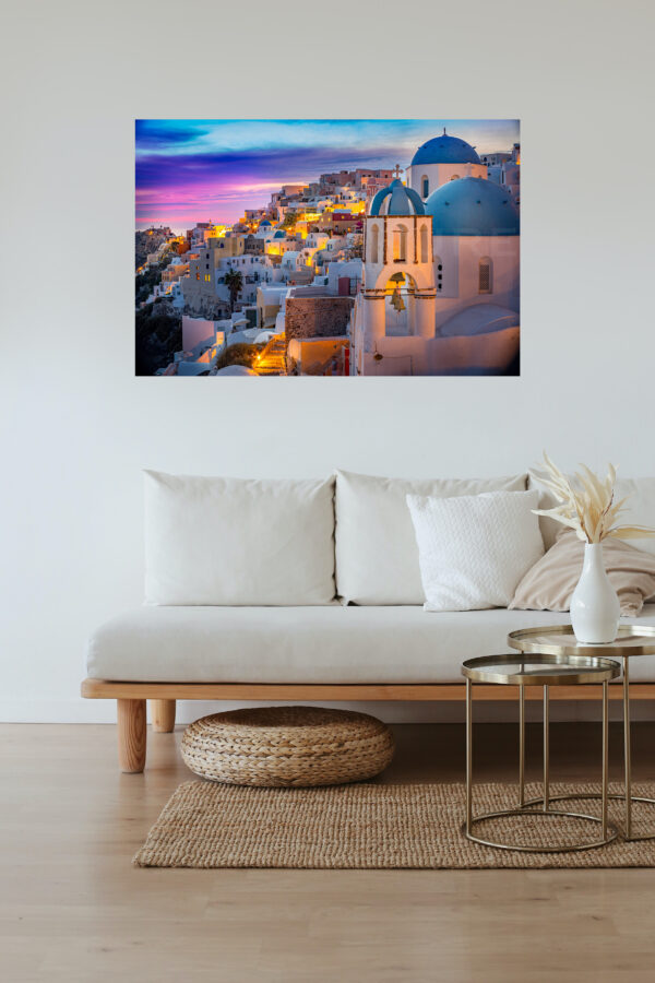 frame of a colourful sunset from the island of Santorini, displayed in a living room